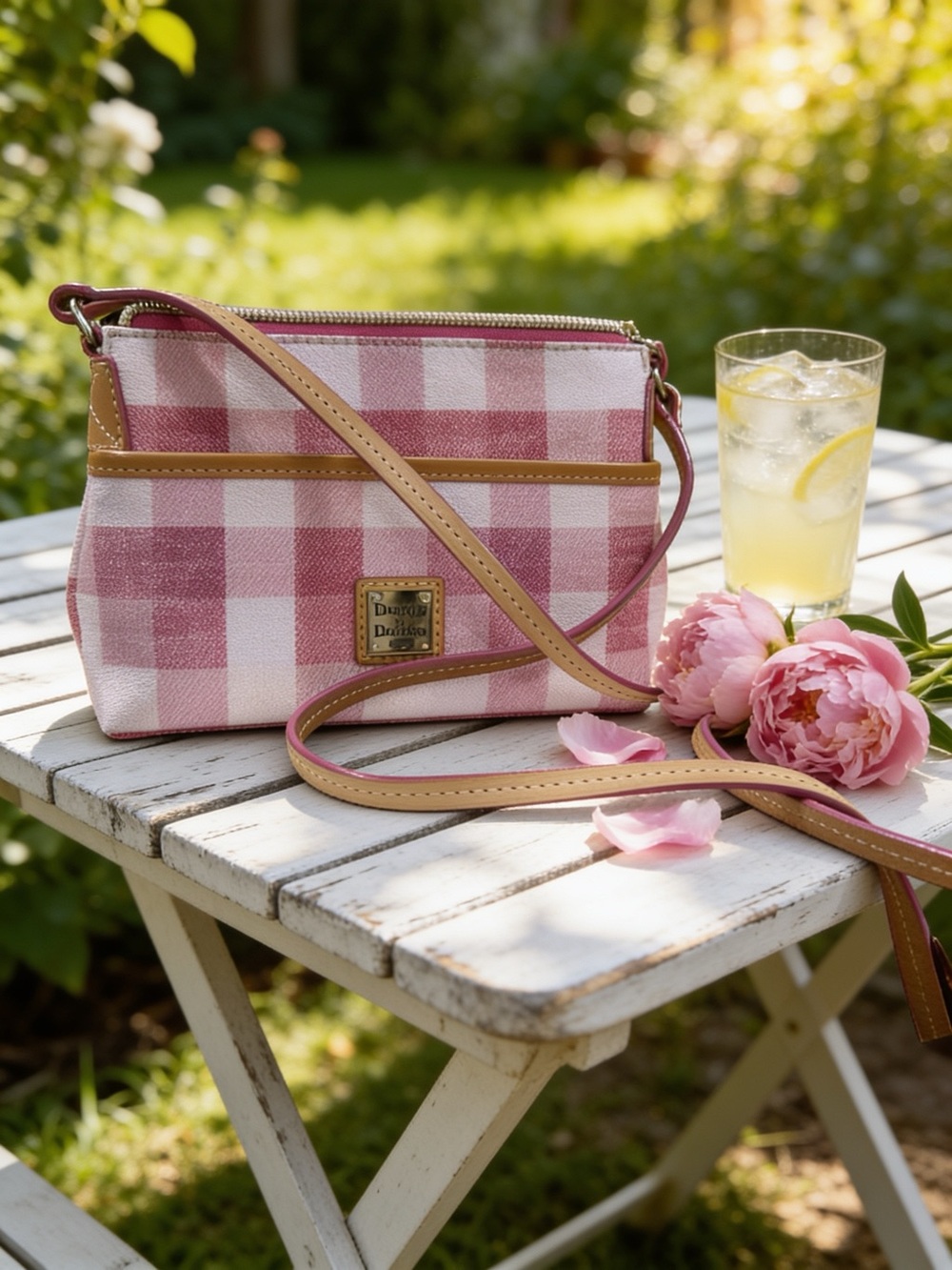 Dooney & Bourke Pink and White Gingham Crossbody with Tan Trim